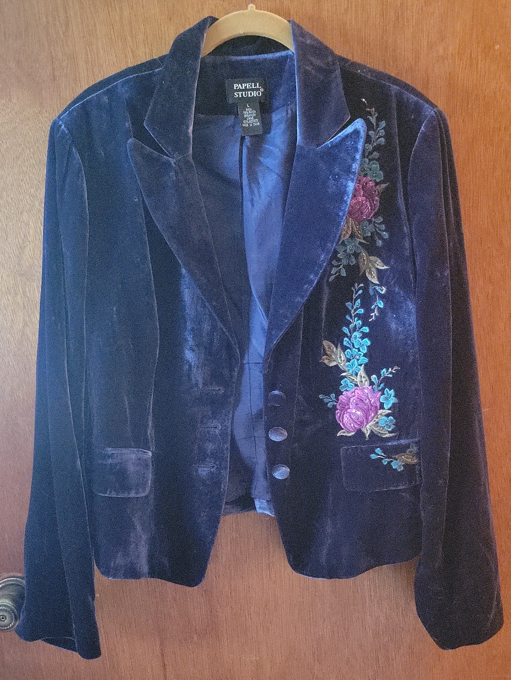 Women's Velvet Blazer with Floral Embroidery - Teal Blue